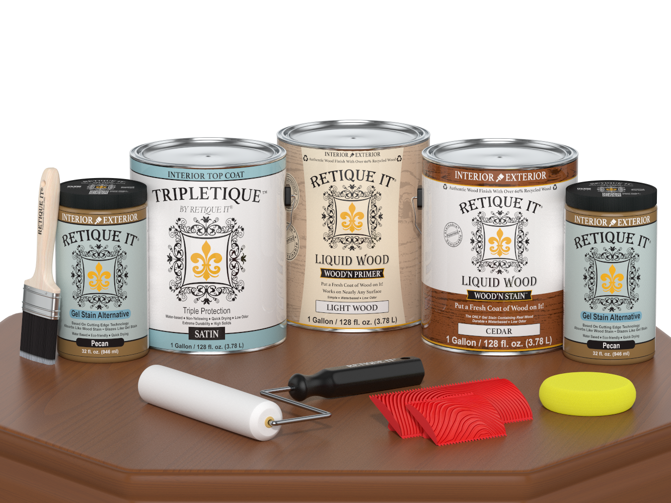 Retique ItÂ® Wood'n Finish Kit in cedar, interior top coat, with four large satin wood finish bottles and application tools.