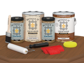 Retique It® Wood'n Cabinet Kit with 48 cedar-grained stained cabinet doors on a table, showcasing natural wood finish and grain details.