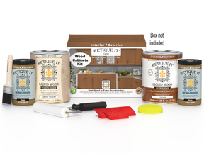 Retique It® Wood'n Cabinet Kit in cedar with stained 48 grained cabinet doors, shown with box and installation details.