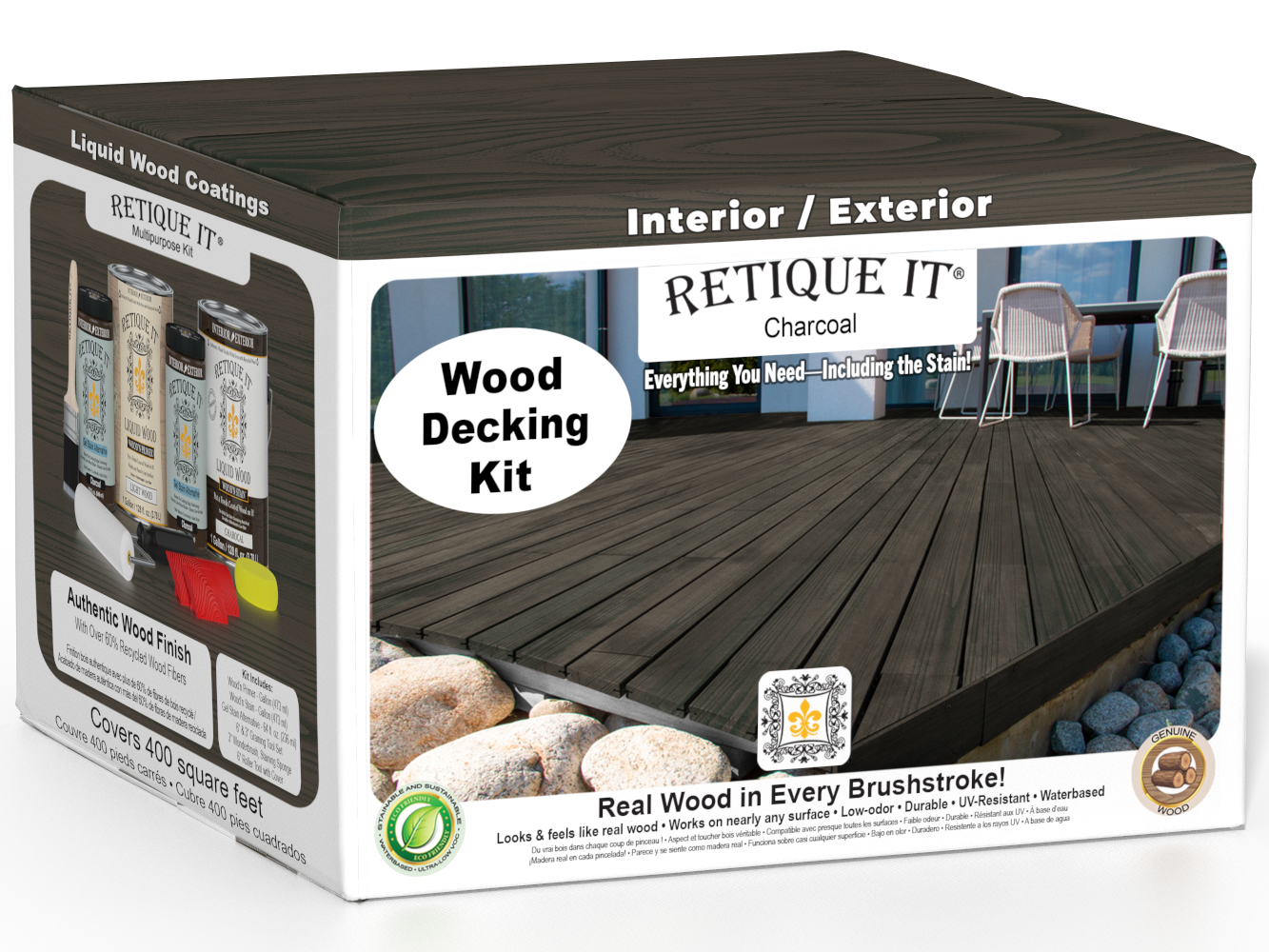 Retique It Decking Wood'n Kit in Charcoal stain showing a deck with dark charcoal-colored wood finish.