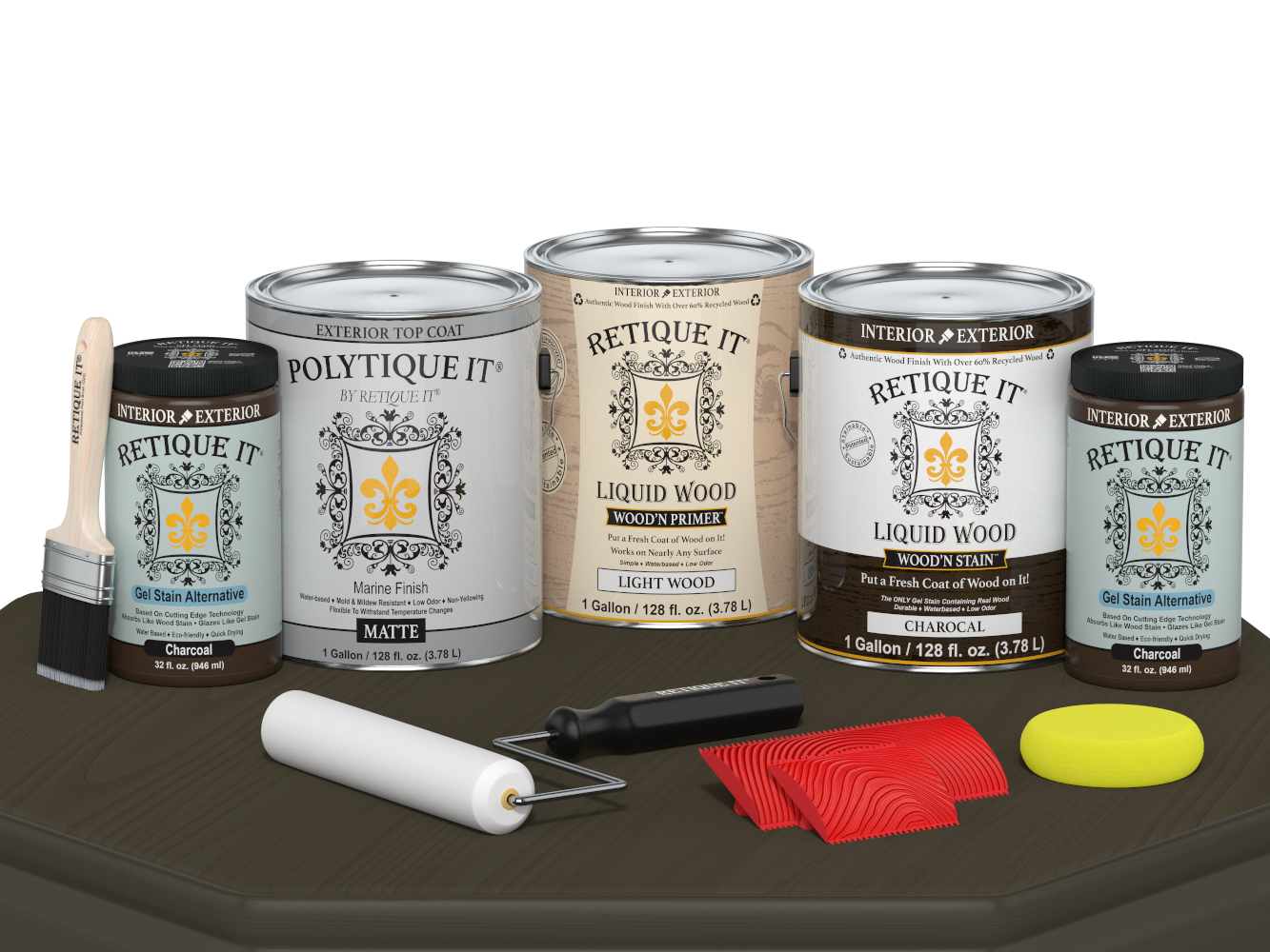 Retique It® Wood'n Finish Kit in Charcoal with matte top coat, containing four large containers for exterior wood finishing.