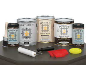 Retique It® Wood'n Finish Kit in Charcoal, large size with satin top coat, suitable for exterior wood projects, showing application on wood surface.