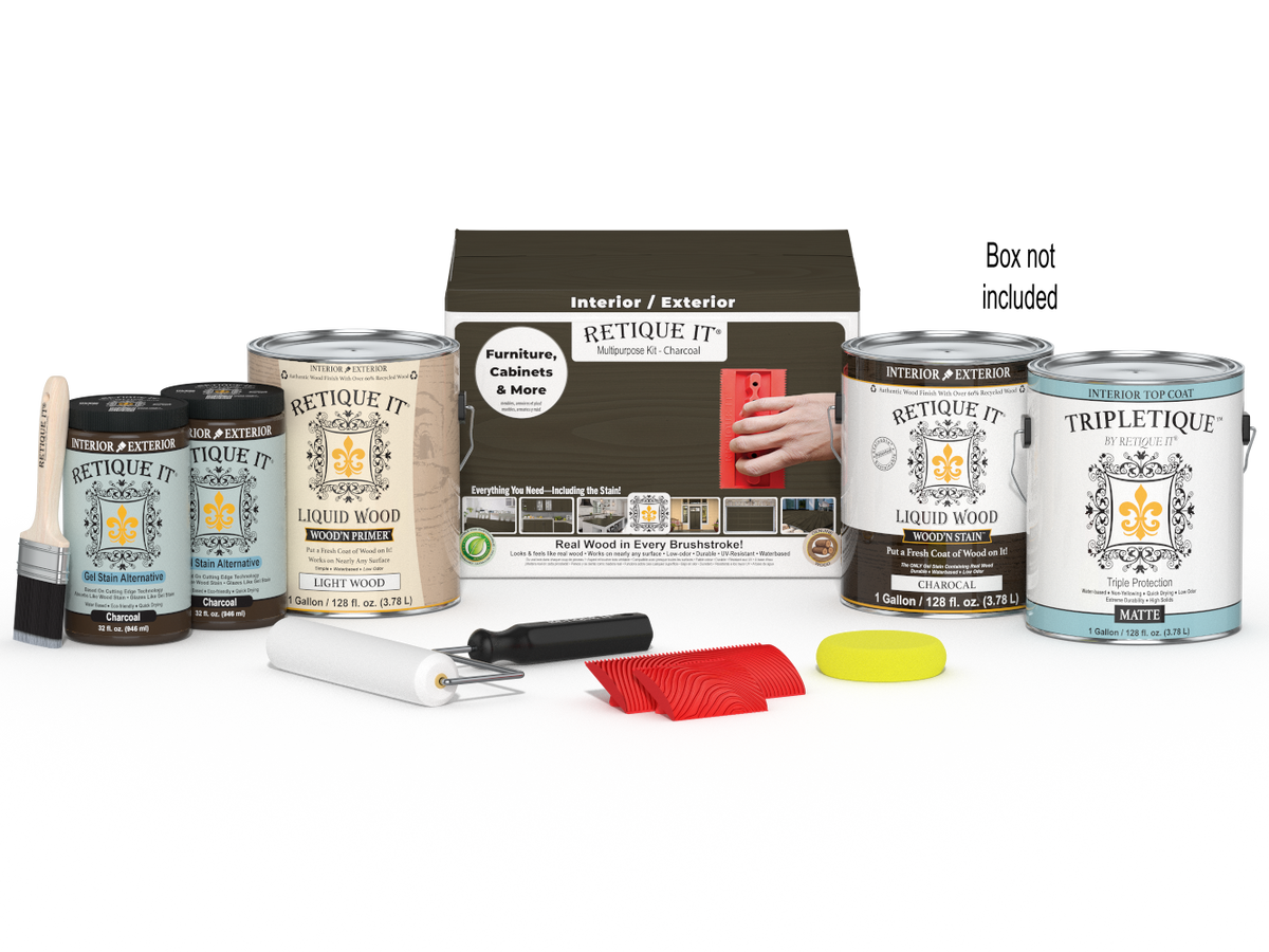 Retique It® Wood'n Kit in Charcoal, interior top coat, includes four large wood finish containers with application tools.