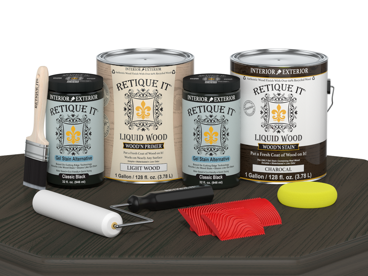 Charcoal Wood'n Cabinet Kit with 48 grained door panels from Retique It®, showcasing stain application on cabinet doors.