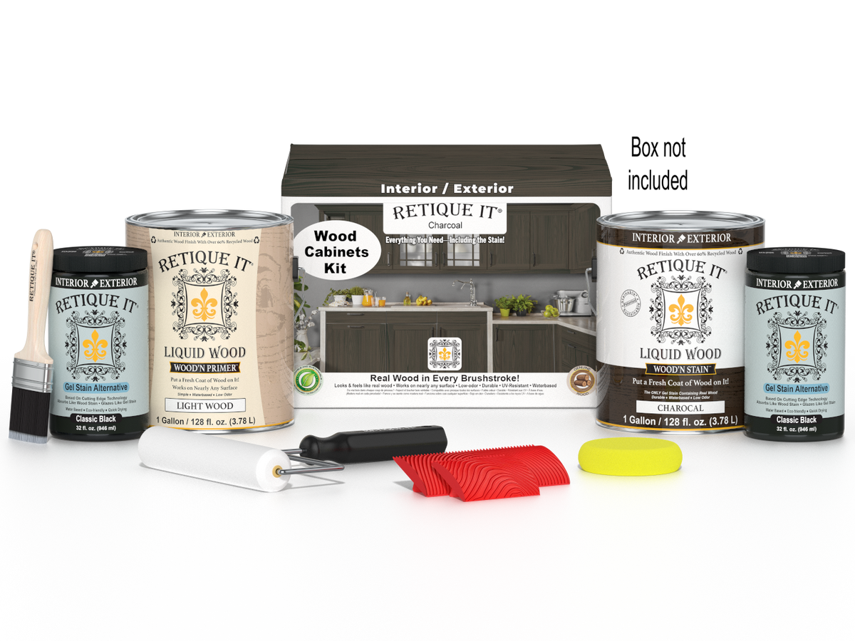 Retique It® Wood'n Cabinet Kit in Charcoal with 48 grained doors, stain kit for cabinet finishing, shown with box and tools.