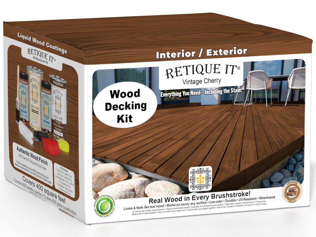 Retique It Vintage Cherry Decking Wood'n Kit stain applied to wooden decking, showcasing rich cherry color and finish.