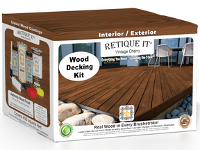 Retique It Vintage Cherry Decking Wood'n Kit stain applied to wooden decking, showcasing rich cherry color and finish.