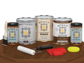 Retique It Vintage Cherry Decking Wood'n Kit stain swatch on a surface showing a satin finish for outdoor decking projects.