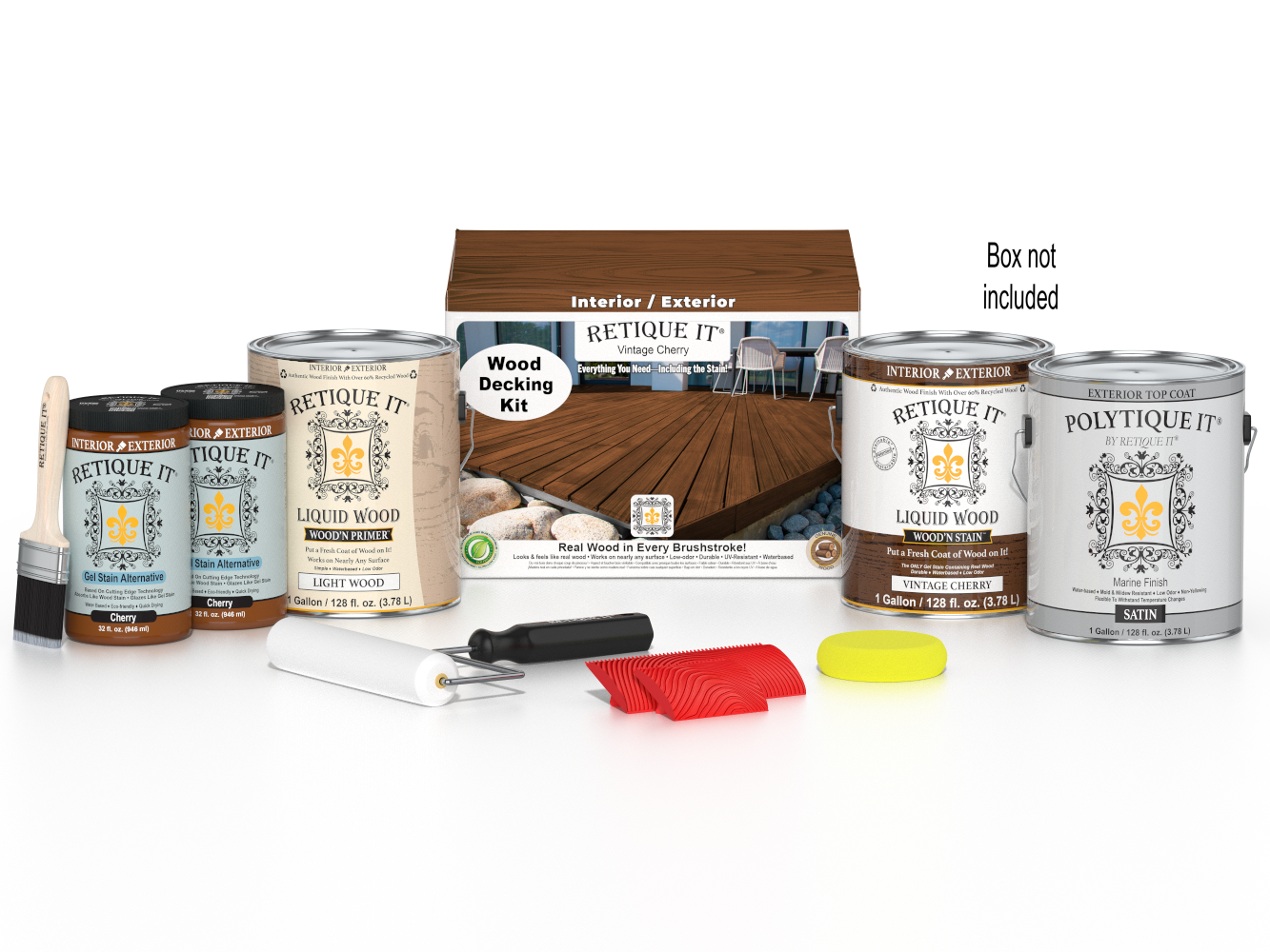 Retique It Vintage Cherry decking wood stain kit with stain tray and brushes for outdoor wood projects.