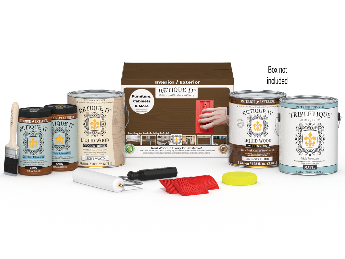 Retique It® Wood'n Finish Kit in Vintage Cherry, multi-purpose interior top coat, shown with applicator and packaging.