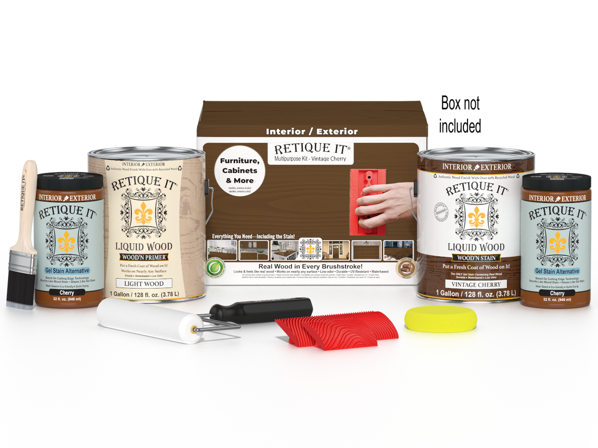 Retique It® Wood'n Finish Kit Multi-purpose Wood'n Kit Vintage Cherry with four large containers, ideal for wood finishing projects.