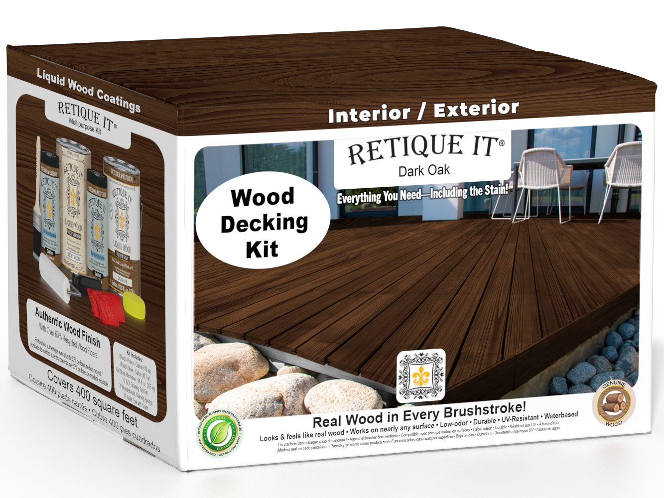 Retique It Decking Wood'n Kit in Dark Oak stain showing a deck with richly stained wooden planks.