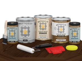 Dark oak decking wood stain kit by Retique It, featuring satin finish stain applied on a wooden surface with a smooth, polished look.