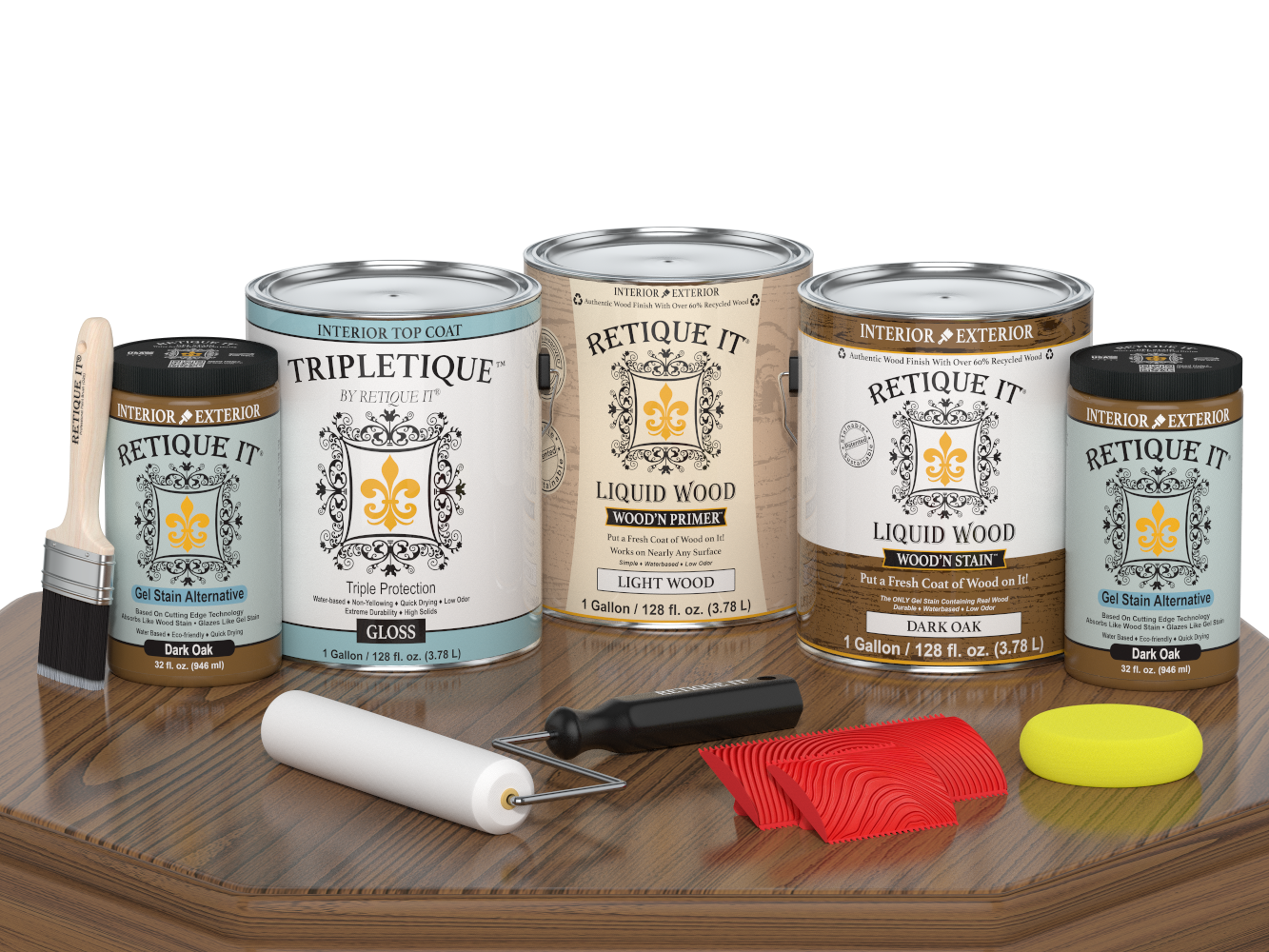 Glossy dark oak Wood'n Finish Kit by Retique It® with four large interior top coat bottles, shown on a wooden table.
