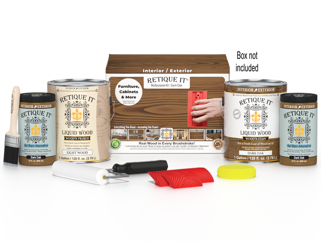 Retique It Wood'n Finish Kit in Dark Oak with four large wood stain bottles and applicator brushes for multi-purpose wood finishing.