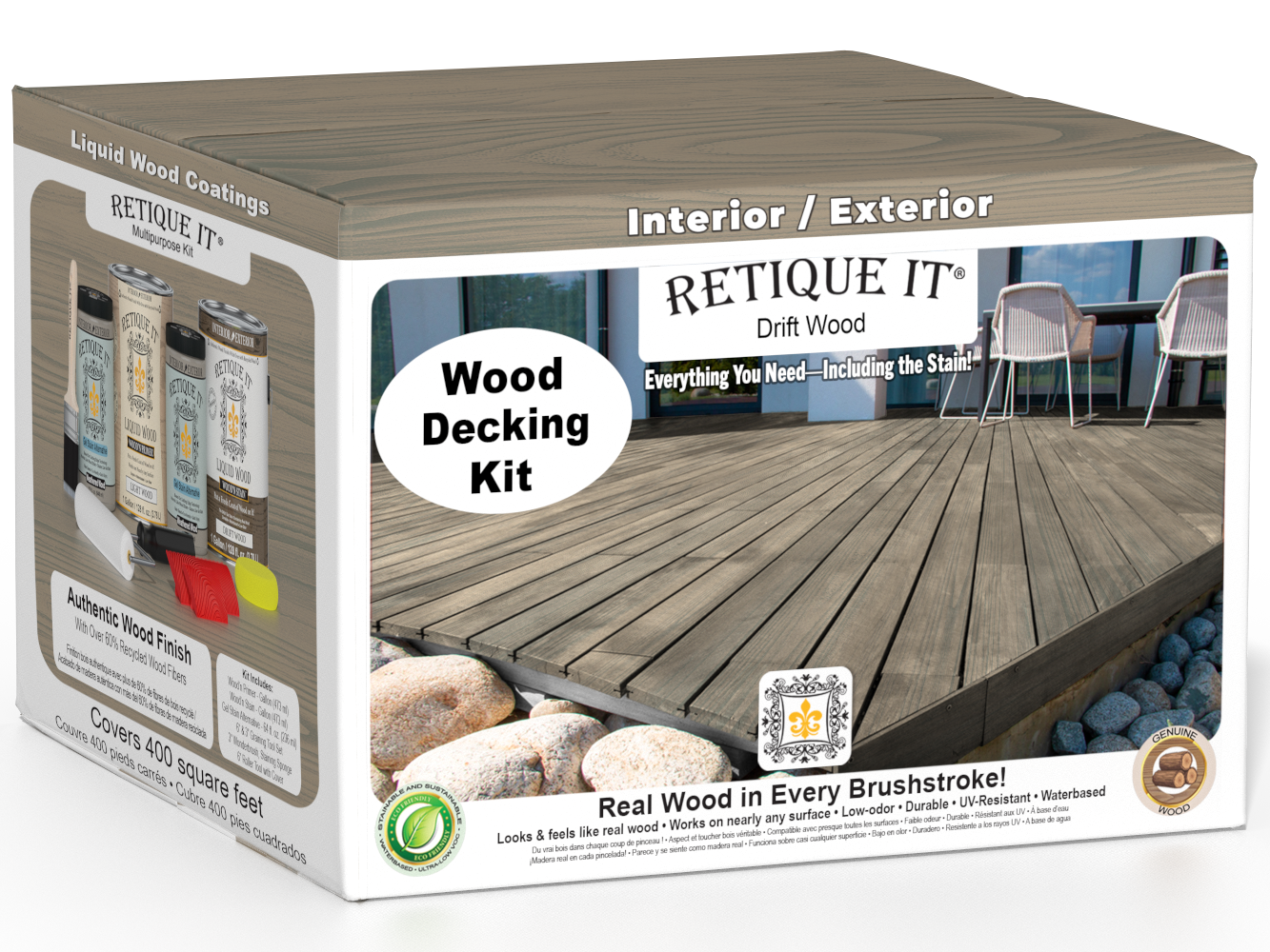 Retique It Decking Wood'n Kit in Drift Wood stain showing a natural wood deck with rich, weathered driftwood finish.