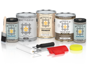 Retique It® Wood'n Finish Kit with four large driftwood-colored exterior top coats, glossy exterior wood finish kit.
