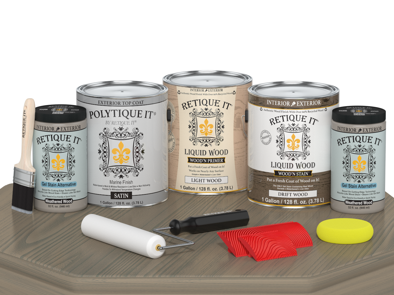 Retique It Decking Wood'n Kit in Drift Wood stain, satin finish, shown on a table, highlighting the wood stain application.