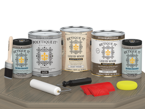 Retique It Decking Wood'n Kit in Drift Wood stain, satin finish, shown on a table, highlighting the wood stain application.