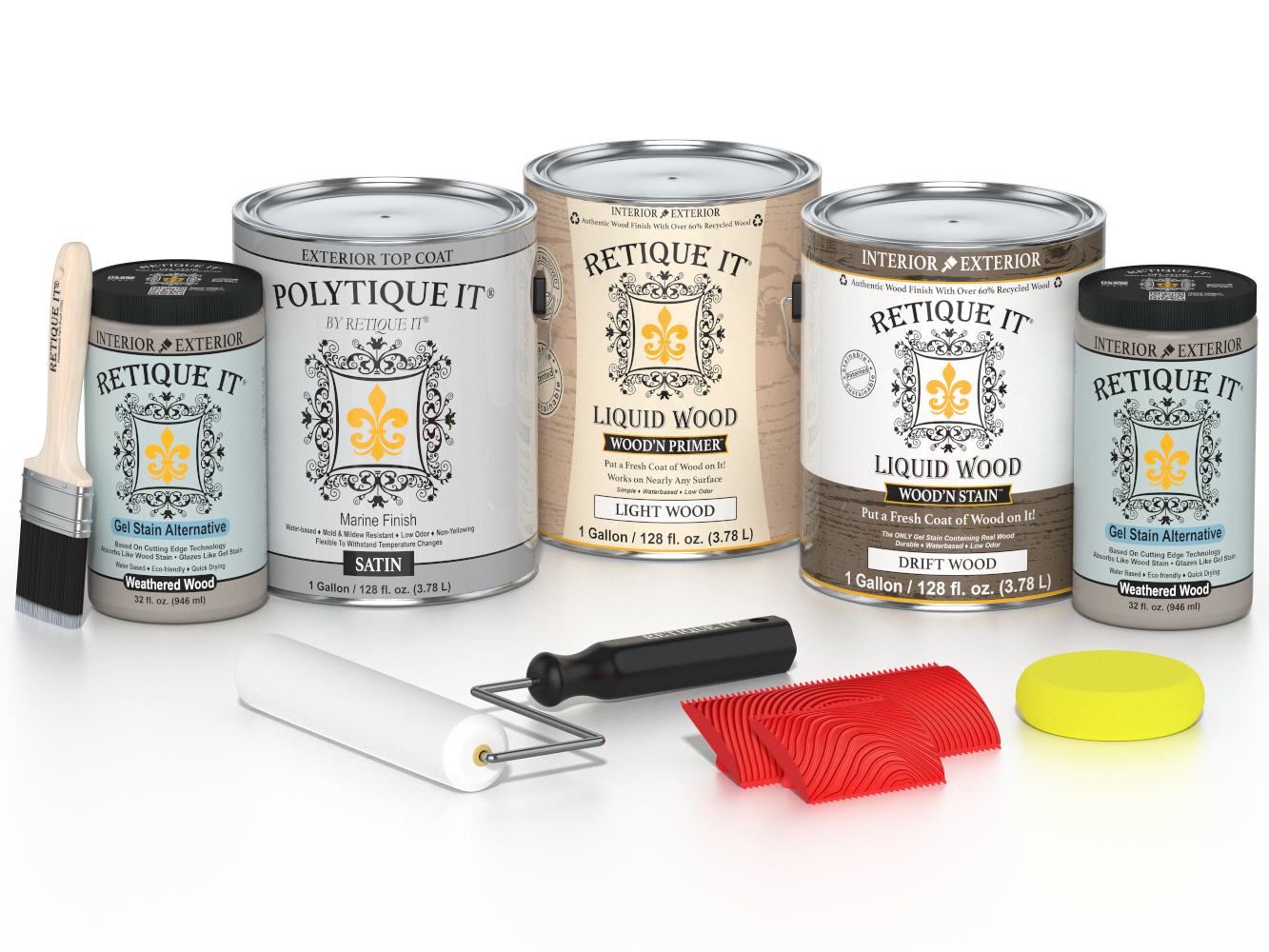 Retique It Drift Wood decking stain kit featuring satin finish, shown with wood samples and application tools.