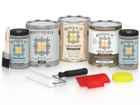 Retique It Drift Wood decking stain kit featuring satin finish, shown with wood samples and application tools.