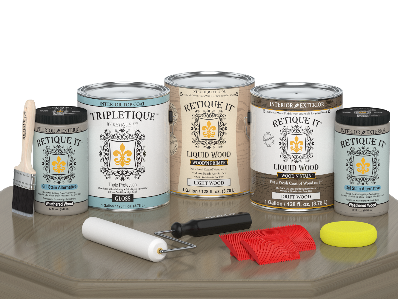 Retique It® Wood'n Finish Kit with four large driftwood-colored interior top coat bottles, glossy wood finish for furniture.