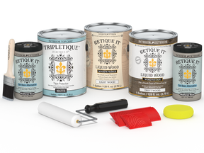 Retique It® Wood'n Kit with four large driftwood finish bottles, featuring matte interior top coat for wood furniture and decor.