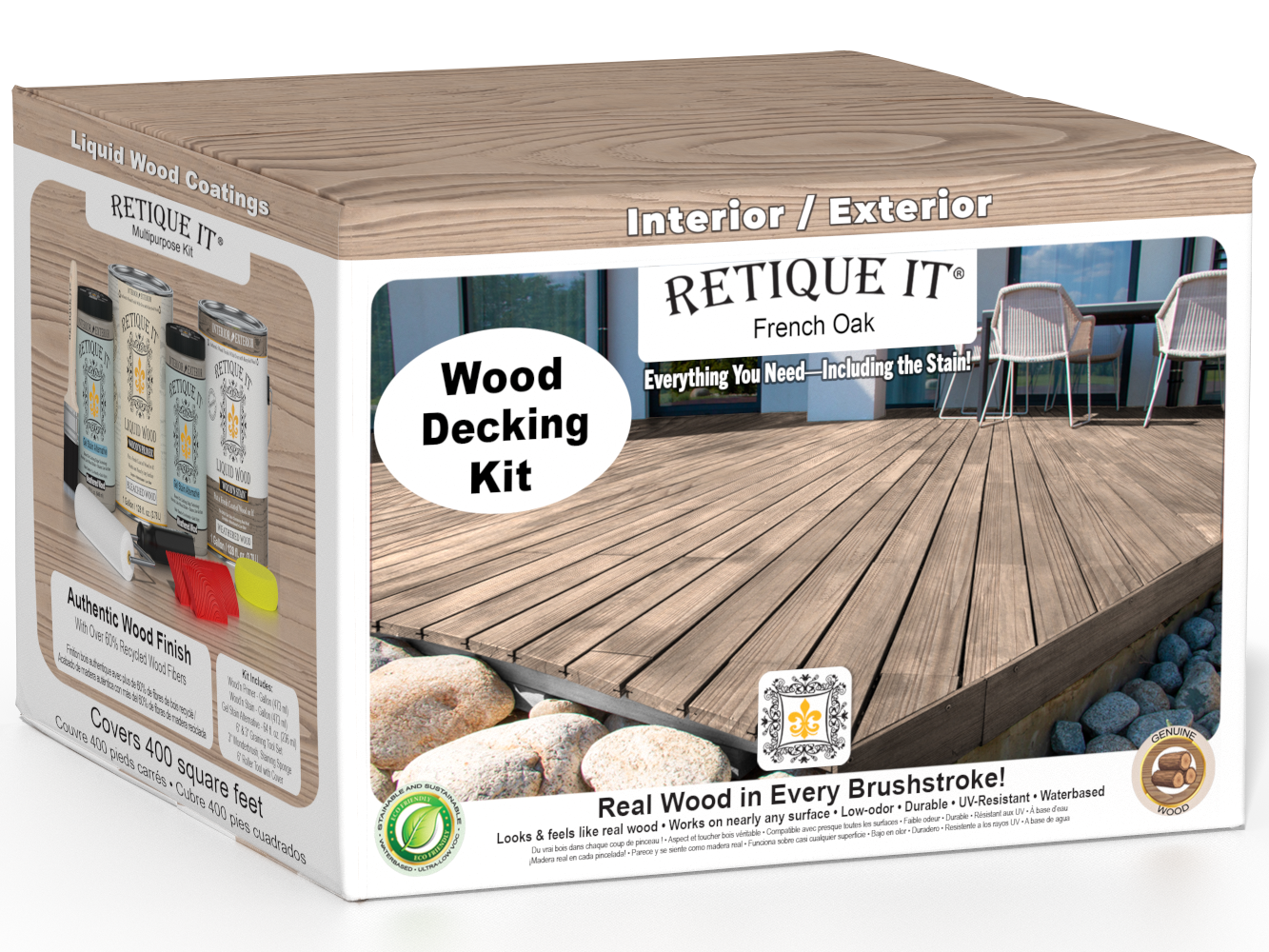 Retique It French Oak Decking Wood'n Kit with stain and supplies, designed for enhancing outdoor wooden decks.