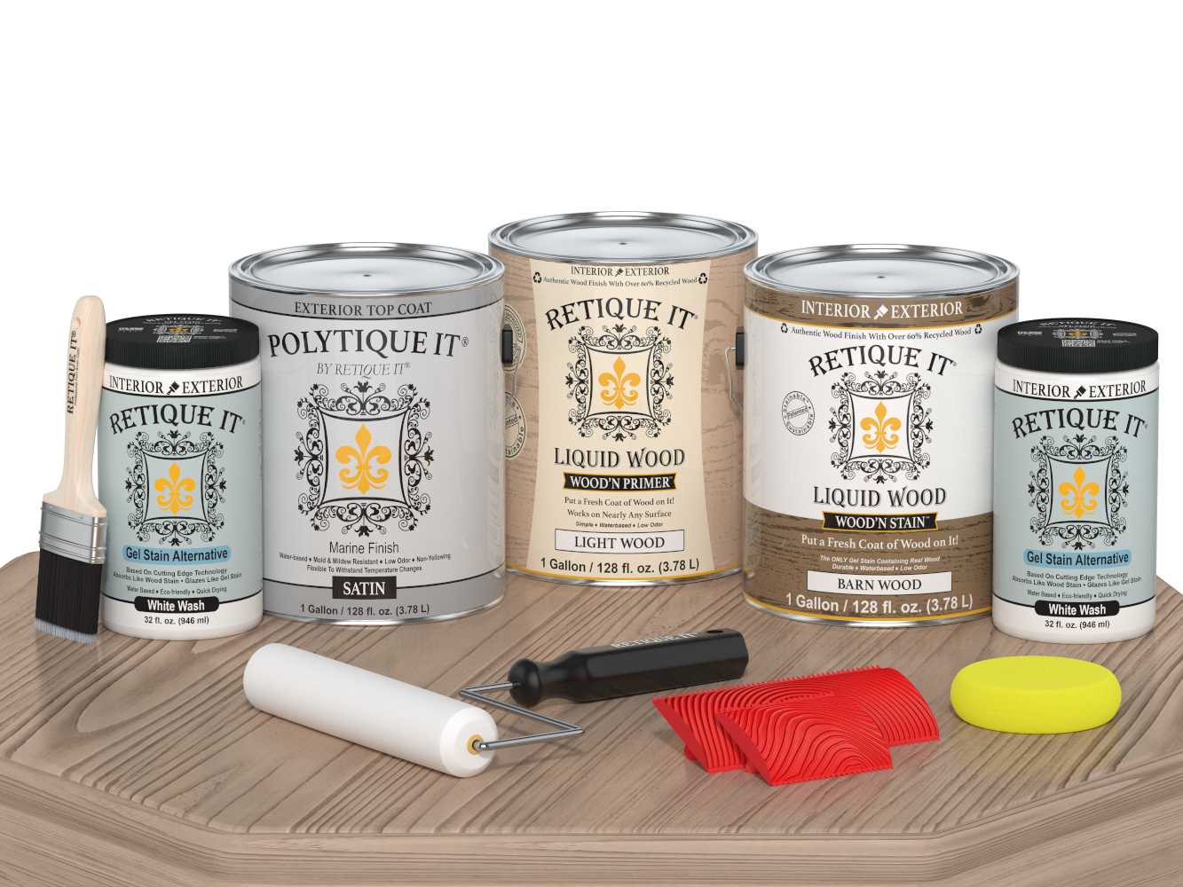 Retique It French Oak decking wood stain kit with satin finish, shown on a wooden surface with stain applicator tools.