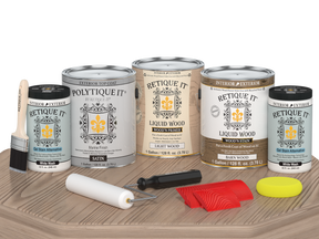 Retique It French Oak decking wood stain kit with satin finish, shown on a wooden surface with stain applicator tools.