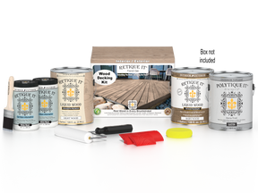 Retique It French Oak Decking Wood'n Kit with stain, featuring wood planks and staining tools for outdoor decking projects.