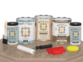 Glossy French Oak Wood'n Finish Kit by Retique It® with four large Multi-purpose Wood'n Kit containers on a table.