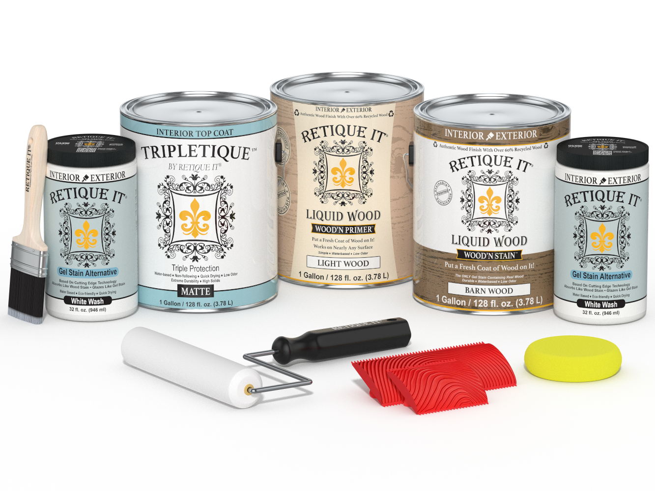 Retique It® Wood'n Kit French Oak interior top coat set with four large matte finish bottles for wood finishing projects.