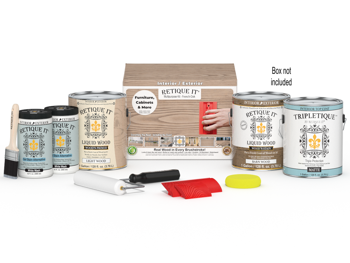 Four large French Oak Wood'n Finish Kits by Retique It® for interior top coating, displayed with packaging and application tools.