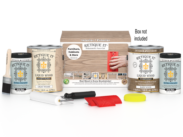 Retique It Wood'n Finish Kit in French Oak, multi-purpose wood finish set with four large bottles, ideal for wood projects.