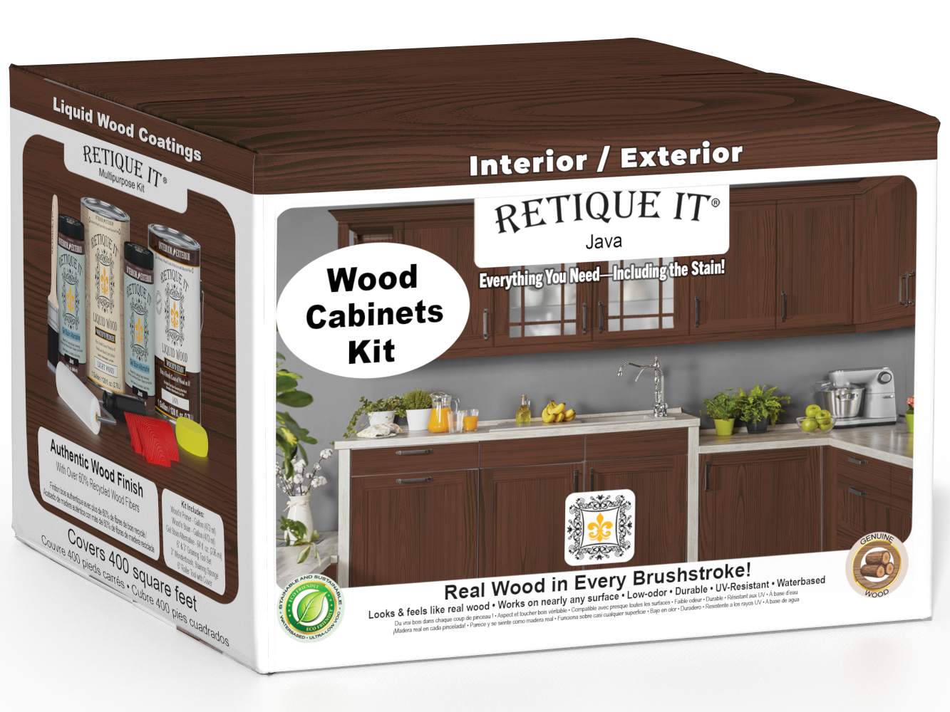 Retique It® Wood'n Cabinet Kit in Java stain, featuring 48 grained cabinet doors with a natural wood appearance.