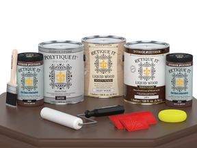Retique It® Wood'n Kit Java exterior top coat, satin finish, with four large wood finish bottles on a table.