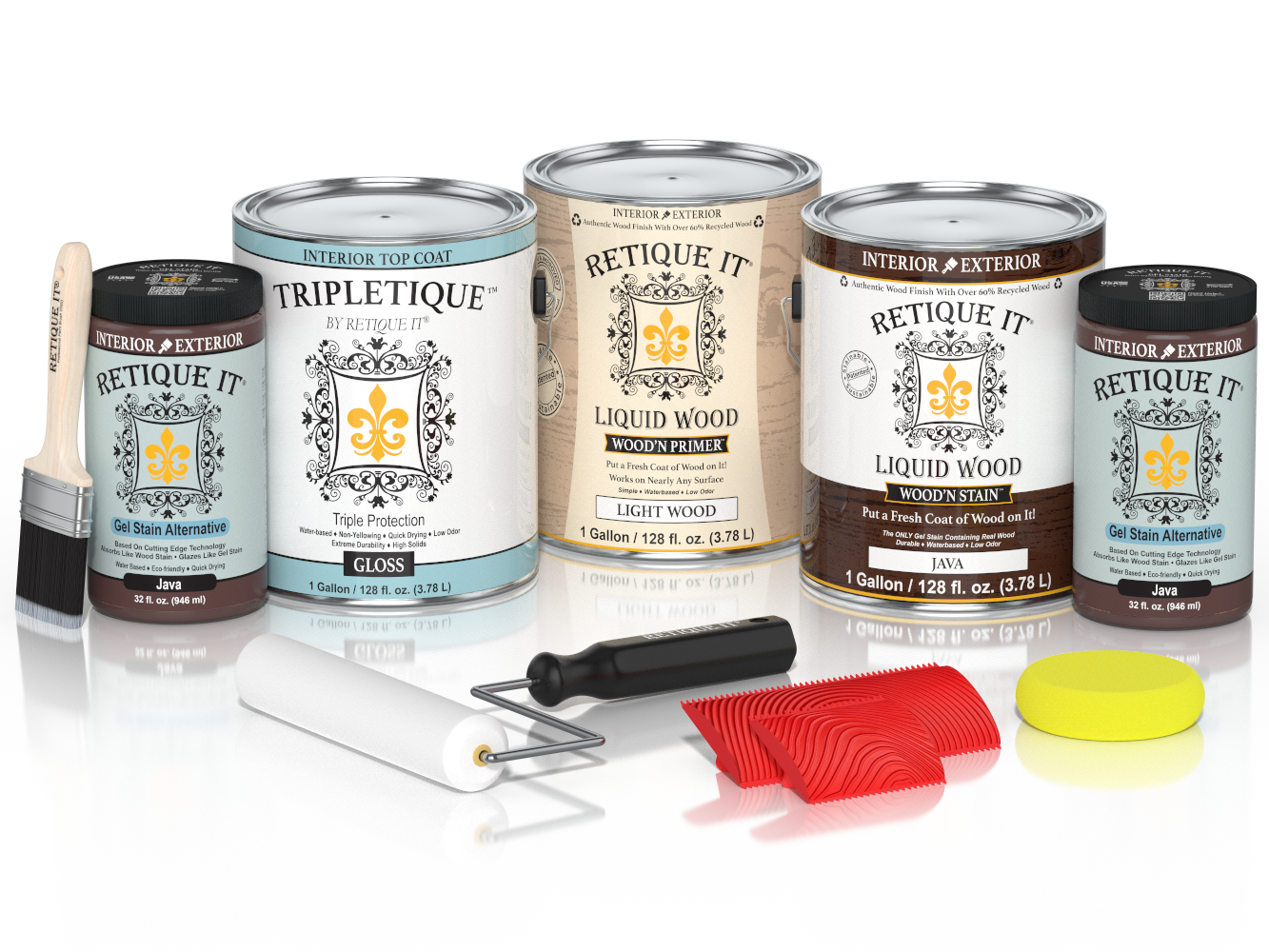 Glossy Java-colored wood finish kit from Retique It® Wood'n Finish Kits, includes four large interior top coat containers.
