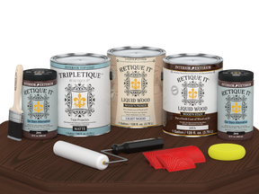 Retique It® Wood'n Cabinet Kit Java stain with 48 grained cabinet doors, matte finish, displayed on a table.