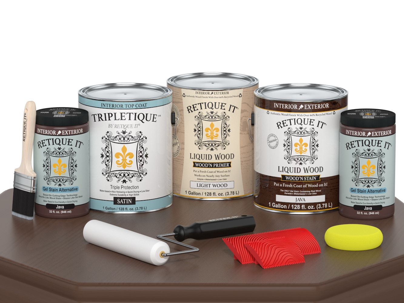 Retique It® Wood'n Finish Kit Java interior top coat, large multi-purpose wood finish set, satin finish on a table surface.