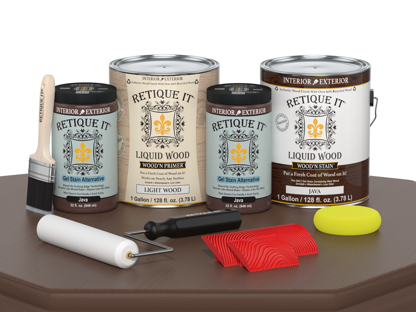 Retique It® Wood'n Finish Kit in Red Mahogany with four large bottles, shown on a wooden table for multi-purpose wood finishing.
