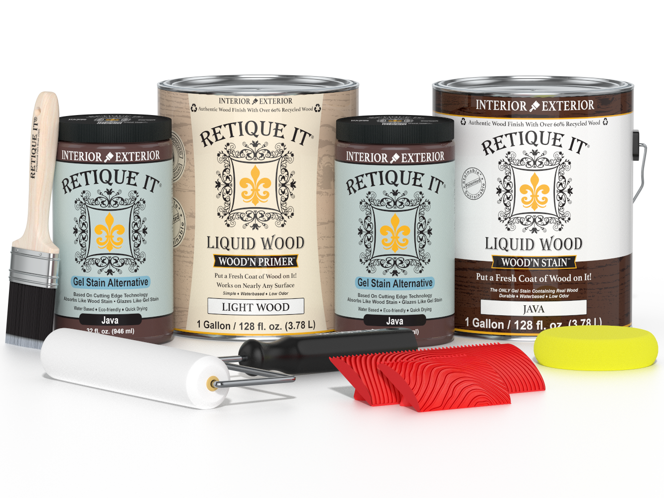 Retique It Wood'n Finish Kit Java with four large wood finishing products, showing bottles with Java stain and finish options.
