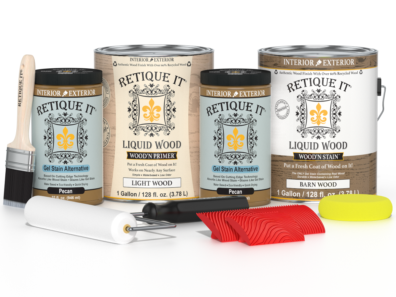 Retique It® Wood'n Finish Kit in Modern Walnut with four large containers, displayed with wood sample for multi-purpose wood finishing.