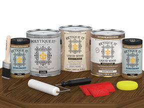 Retique It® Wood'n Finish Kit in Modern Walnut with glossy exterior topcoat, displayed on a table for multi-purpose wood finishing.