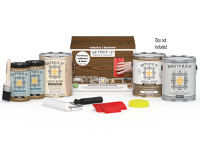 Retique It® Wood'n Finish Kit in Modern Walnut with four large exterior topcoat bottles and applicator tools on box.