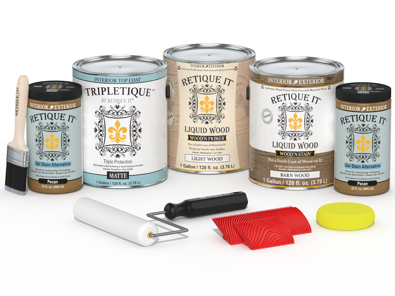 Retique It® Wood'n Finish Kit in Modern Walnut with matte topcoat, includes four large wood finishing products for interior use.