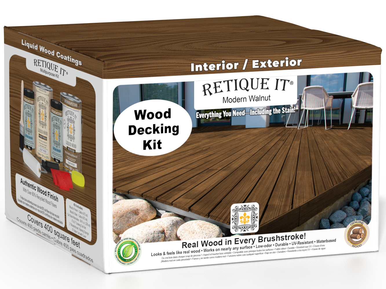 Retique It® Modern Walnut Wood Decking Kit packaging featuring a wood-look deck.