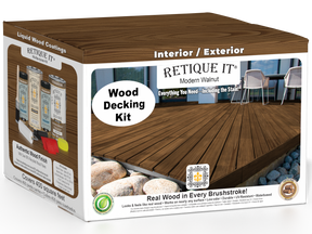 Retique It® Modern Walnut Wood Decking Kit packaging featuring a wood-look deck.