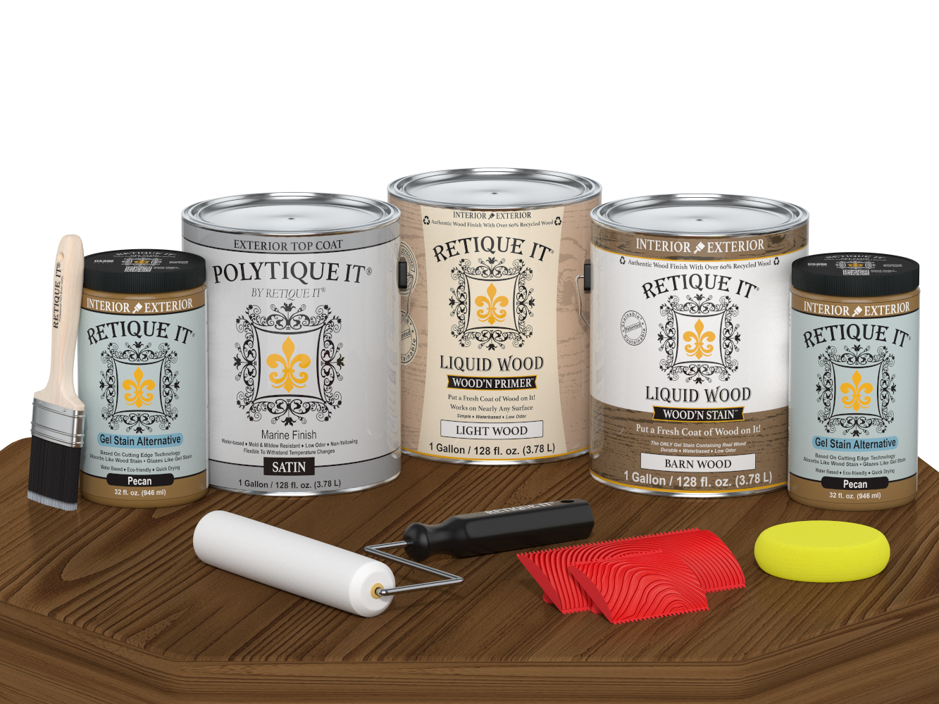 Retique It® Modern Walnut Wood Kit with gallon primer, stain, satin topcoat, gel stains, brush, roller, yellow sponge, and red graining tools.
