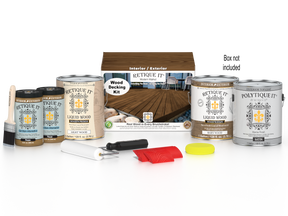 Retique It® Modern Walnut Wood Decking Kit with primer, stain, brush, roller, yellow sponge, red graining tools, and packaging.